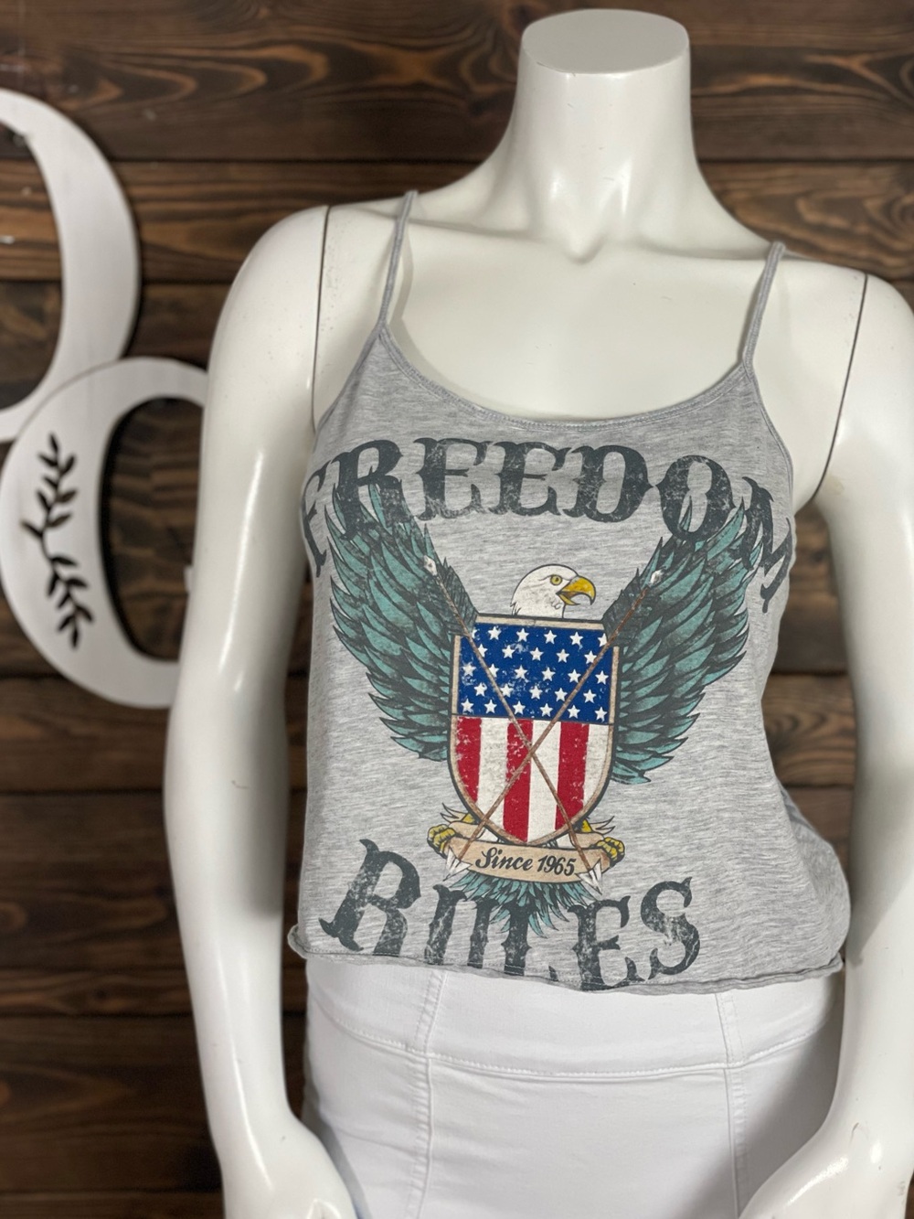 Forever 21 | Freedom Blues Eagle Graphic Cami Crop Tank Top Lace Back Heather